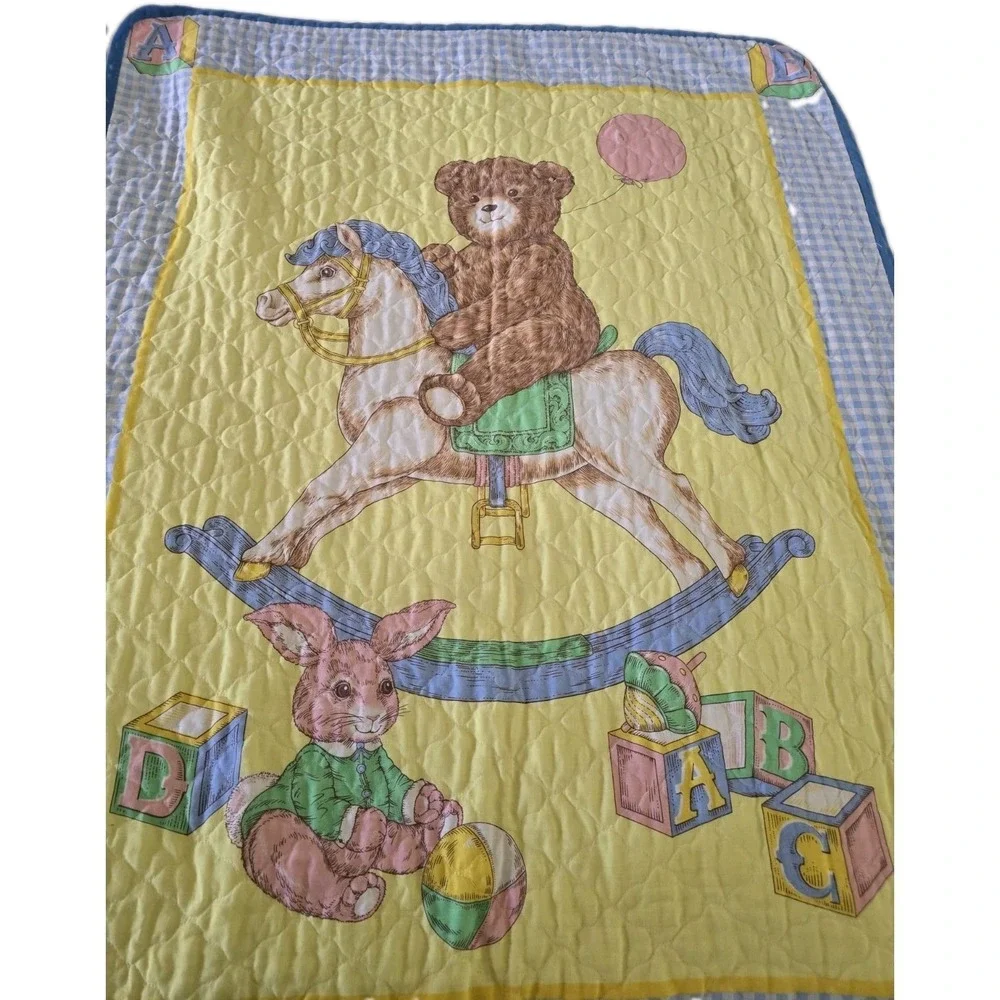 80s 90s Vintage Baby Quilt Top Teddy Bear Rocking Horse Gingham 43 X 34